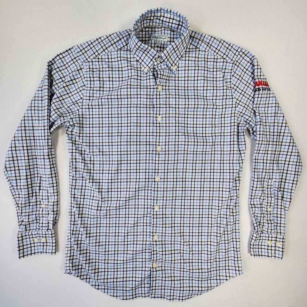 Peter Millar Yamaha Golf Button Down Shirt Mens Medium Blue‎ Plaid Stretch